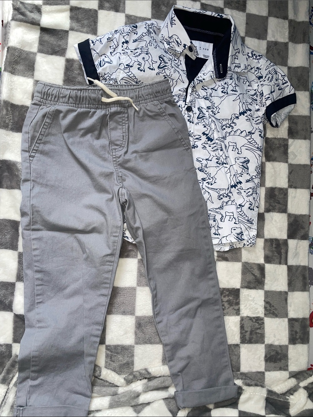Boys Gray Pull-On Pants and button down Dino top size 4